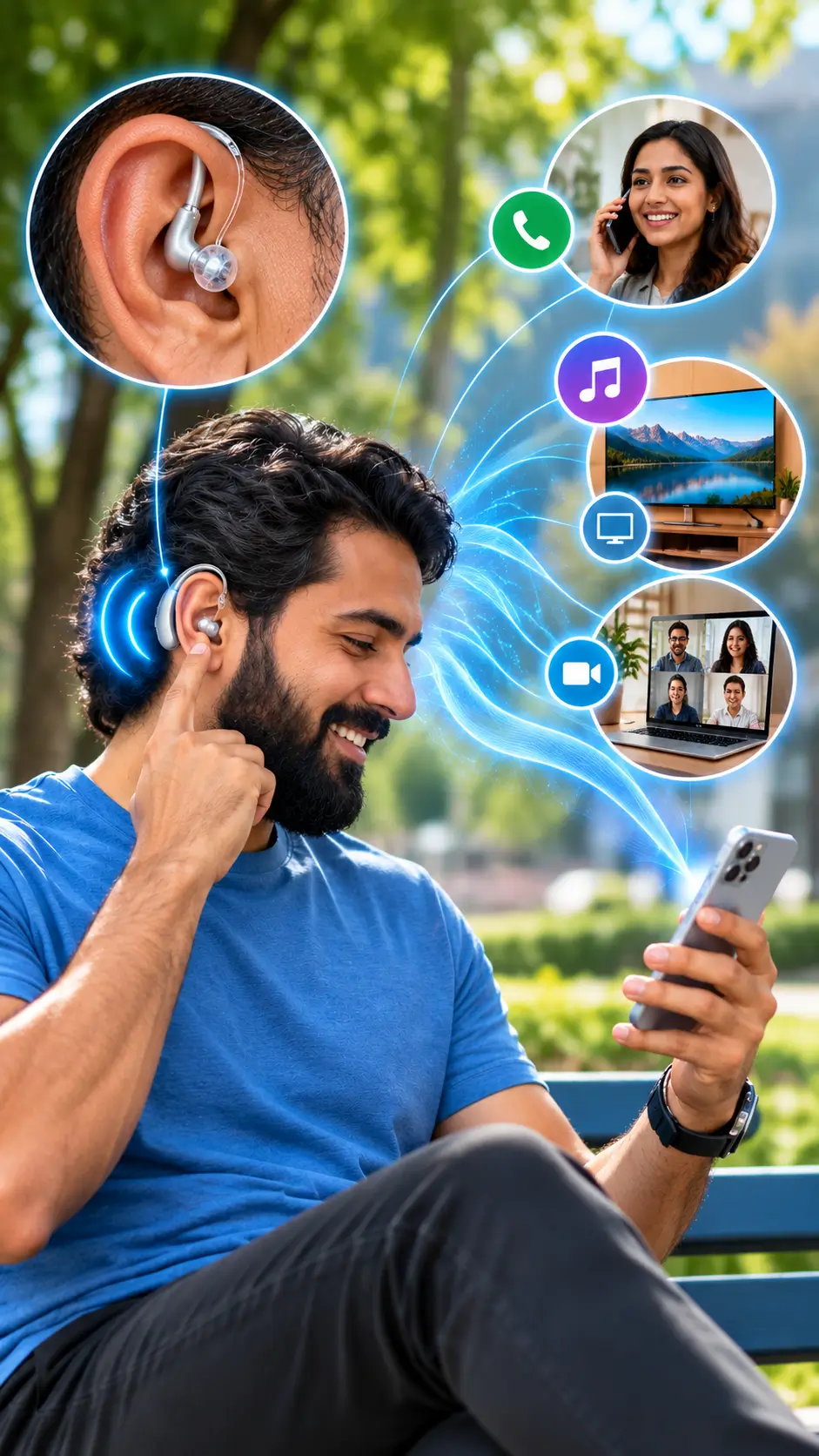 Man adjusting a modern Bluetooth hearing aid