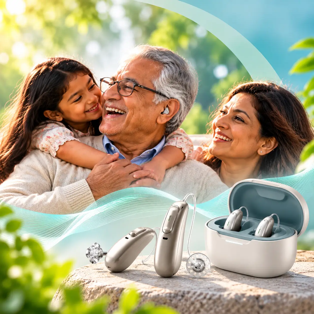 Audiologist fitting a hearing aid for a senior patient