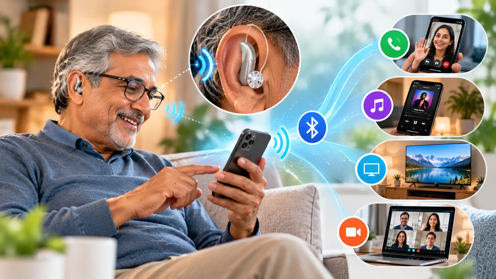 Senior man wearing a behind-the-ear hearing aid while using a smartphone