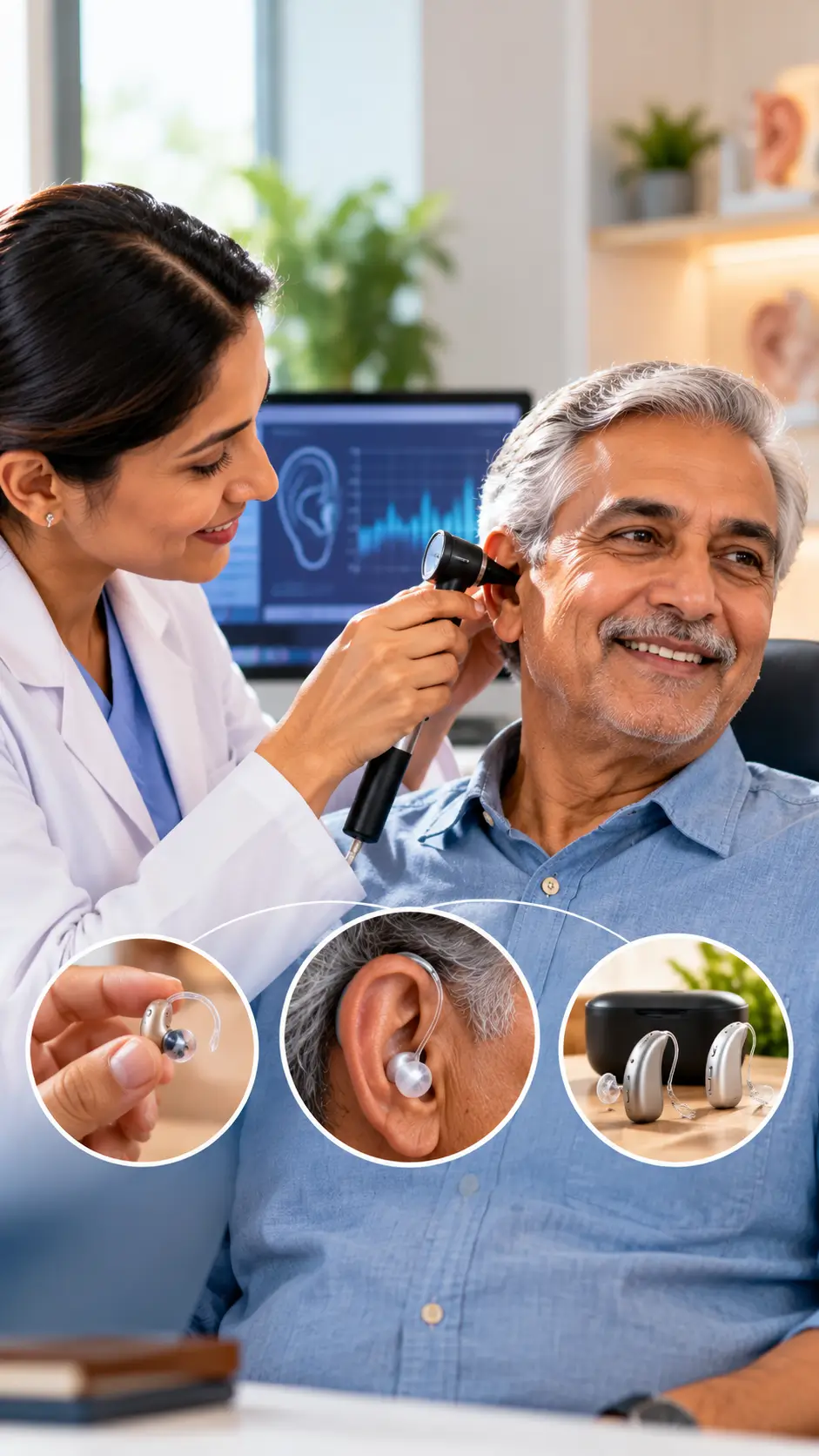 Audiologist examining a patient ear with an otoscope