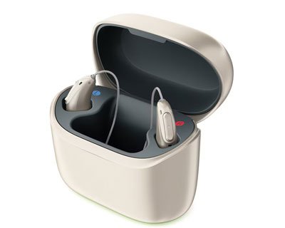 Phonak Terra+ RIC hearing aid worn behind the ear (placeholder, final product photo to be added)